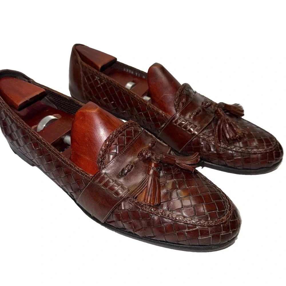 Cole Haan Bragano Loafers Mens 11 N Brown Woven Leather Tassel Made in Italy